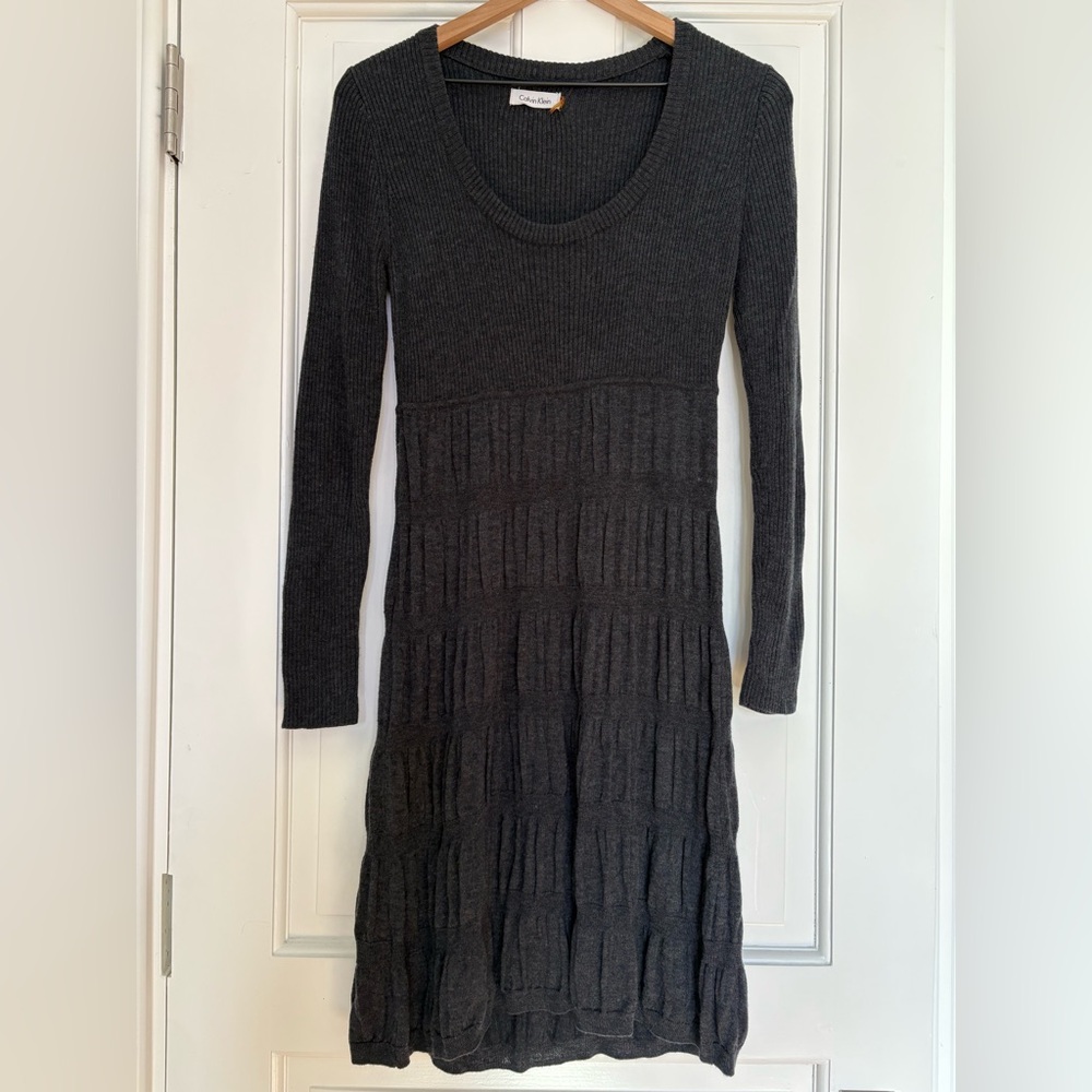Calvin Klein Dark Grey Knit Sweater Dress Ruched Tiers Cozy Cottagecore Small